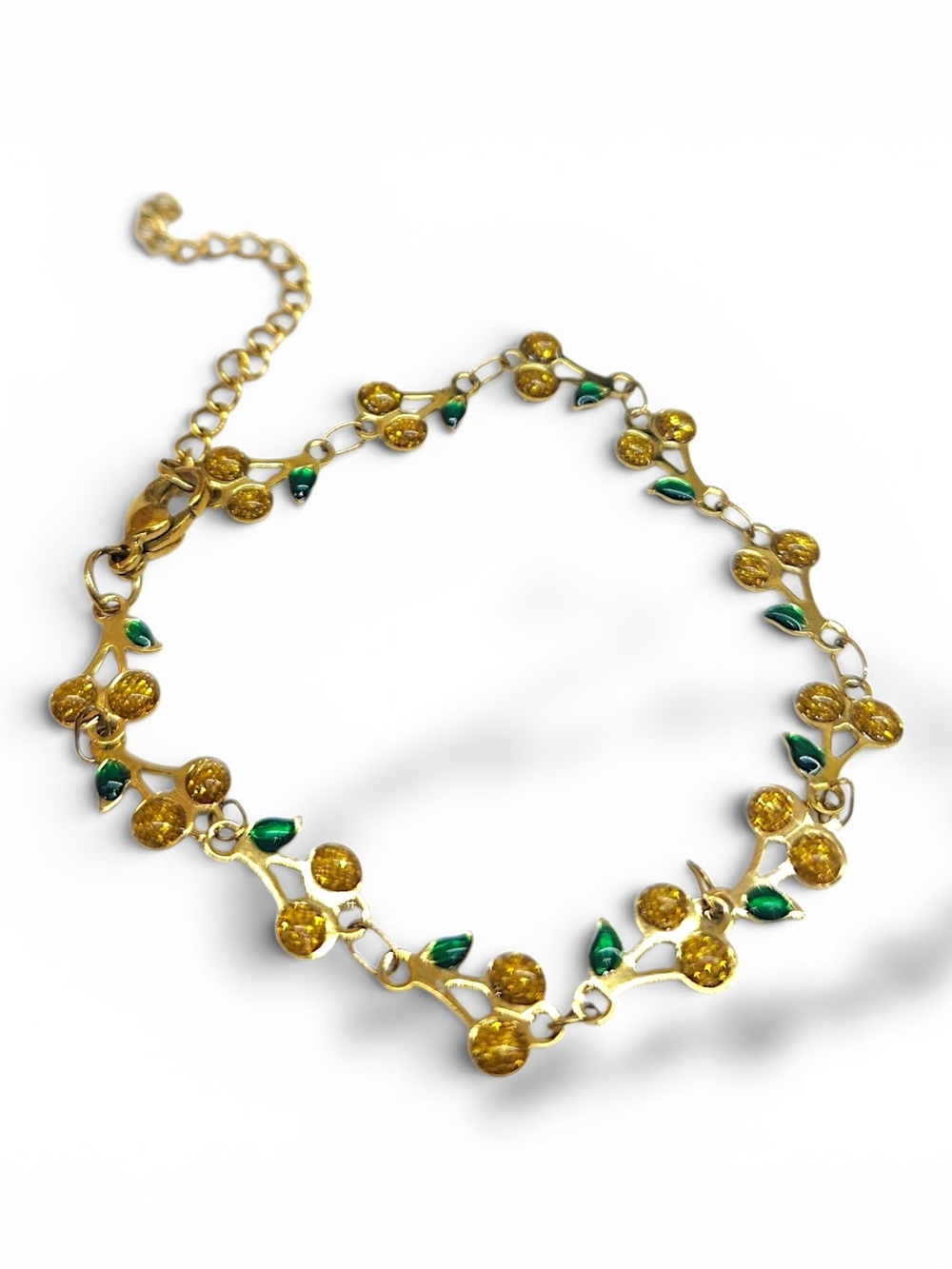Gold Cherry Bracelet with Green Accents